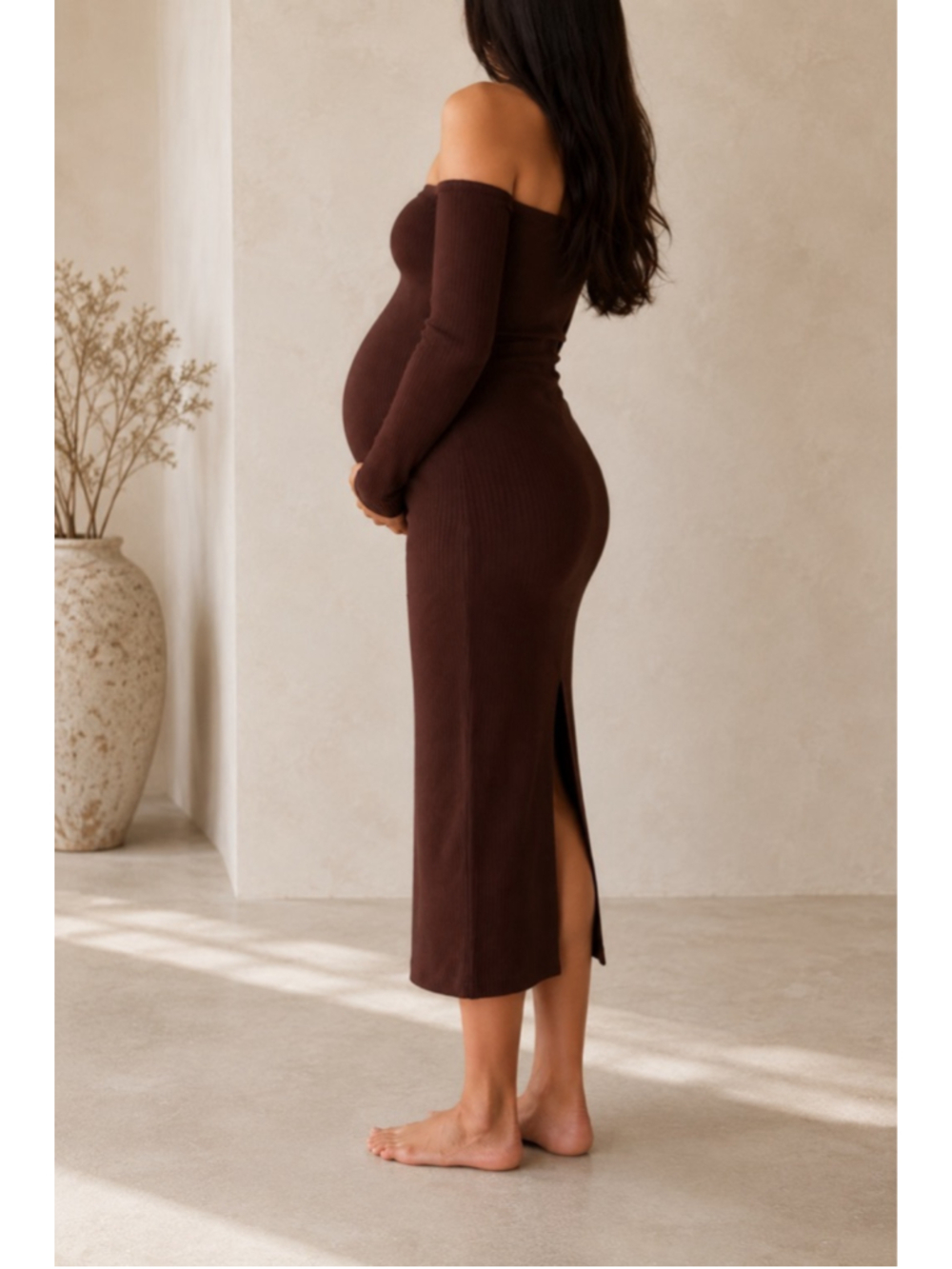 Bumpsuit SCULPTING RIB OFF THE SHOULDER DRESS Sz L Brown NWT